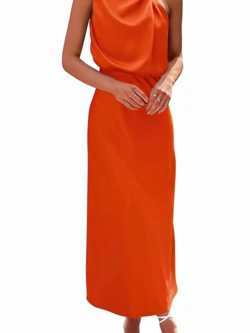 Orange Satin Asymmetrical Midi Dress